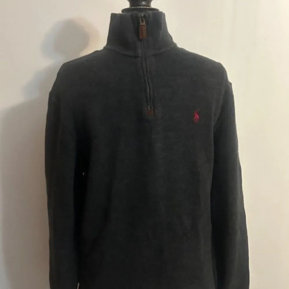 Polo Ralph Lauren Gray 1/4 zip knit crew neck red pony sweater, size S